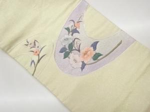 銀駒刺繍花葉に曲線模様名古屋帯